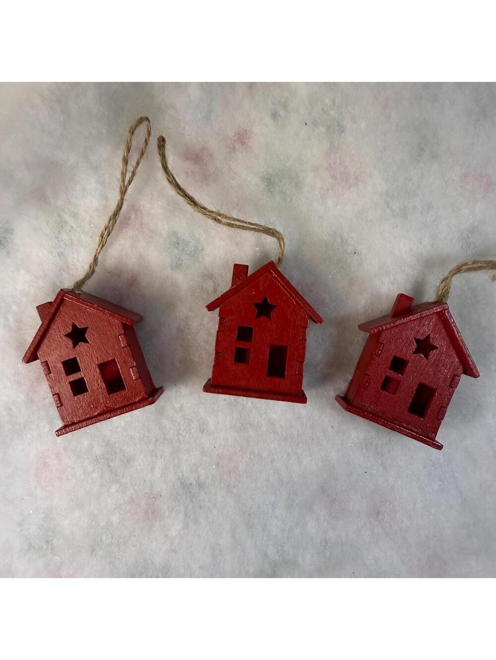 Red Wood House Christmas Ornaments - Set of 3